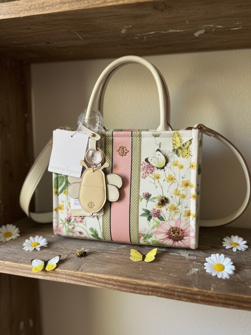 Nanette Lepore Elle Floral Satchel Bag Floral Bee Charm Structured Tote -
NWT
